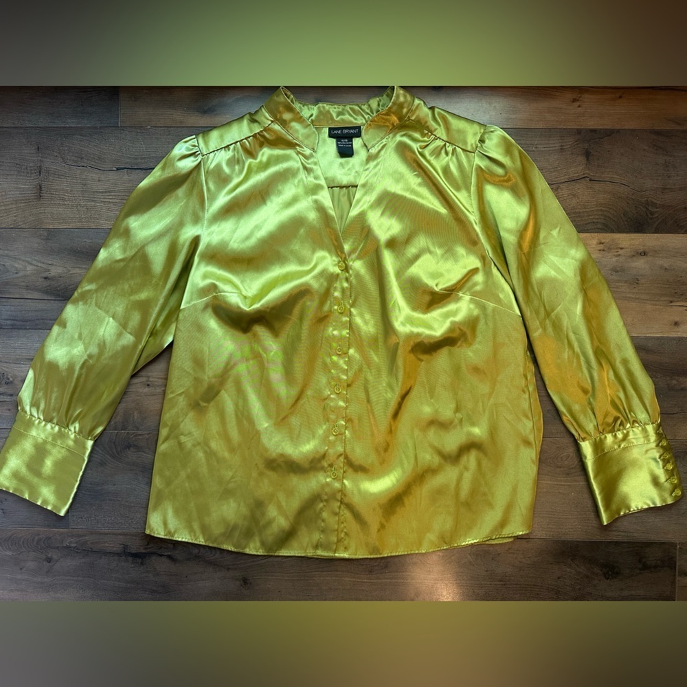 Lane Bryant Satin Button Down Blouse Gold Green | Size 14/16